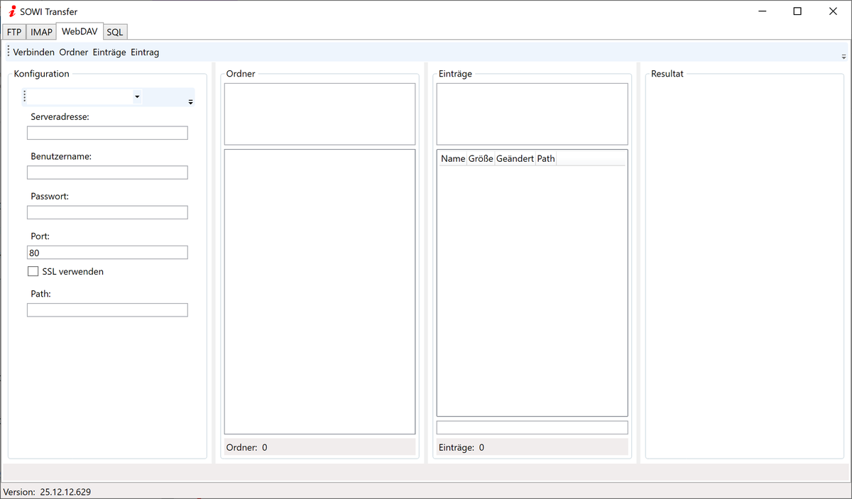 Oberfläche von SOWI Transfer mit den Bereichen FTP, IMAP, WebDAV und SQL
