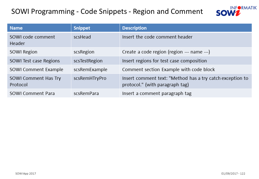 SOWIProgramming Code Snippets Region Comment